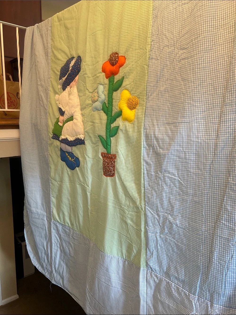 Handmade Quilted Appliqué Floral & Sunbonnet Girl Gingham Full Bedspread